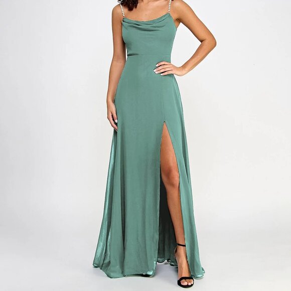 City Studio Juniors Drape-Neck Faux-Pearl-Strap Gown Vintage Sage Size 13/14 - Picture 3 of 3